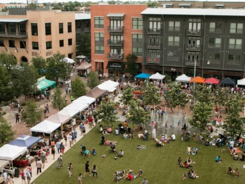 A bird's eye view of people shopping at the Pearl Farmers Market in San Antonio. 