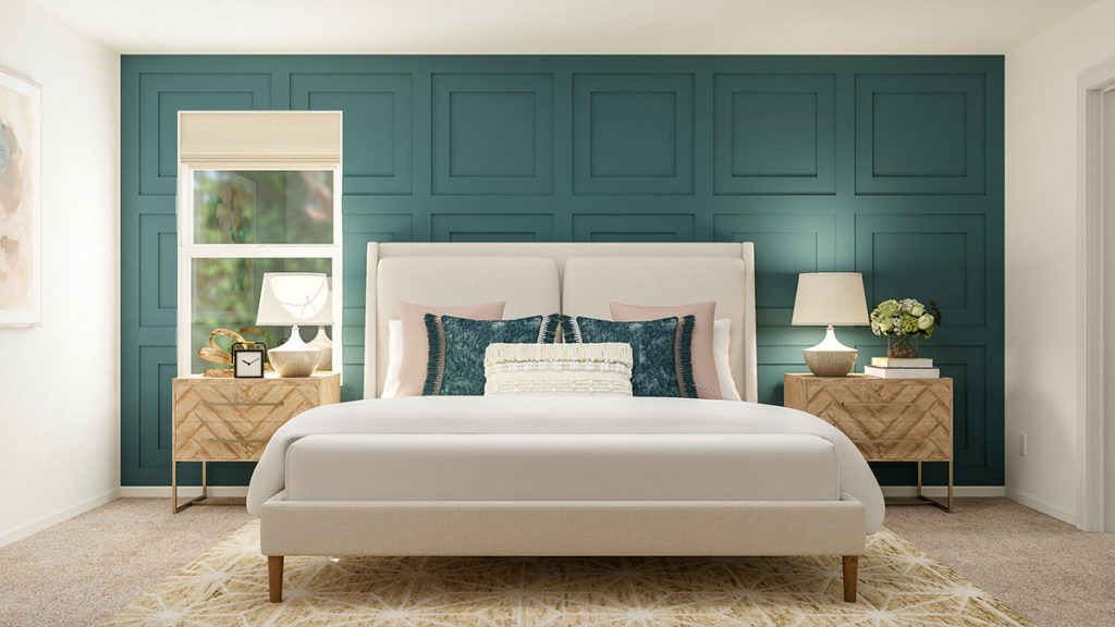 modern bedroom with teal wall
