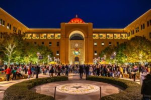 Holiday lights illuminate the central courtyard at Texas A&M San Antonio