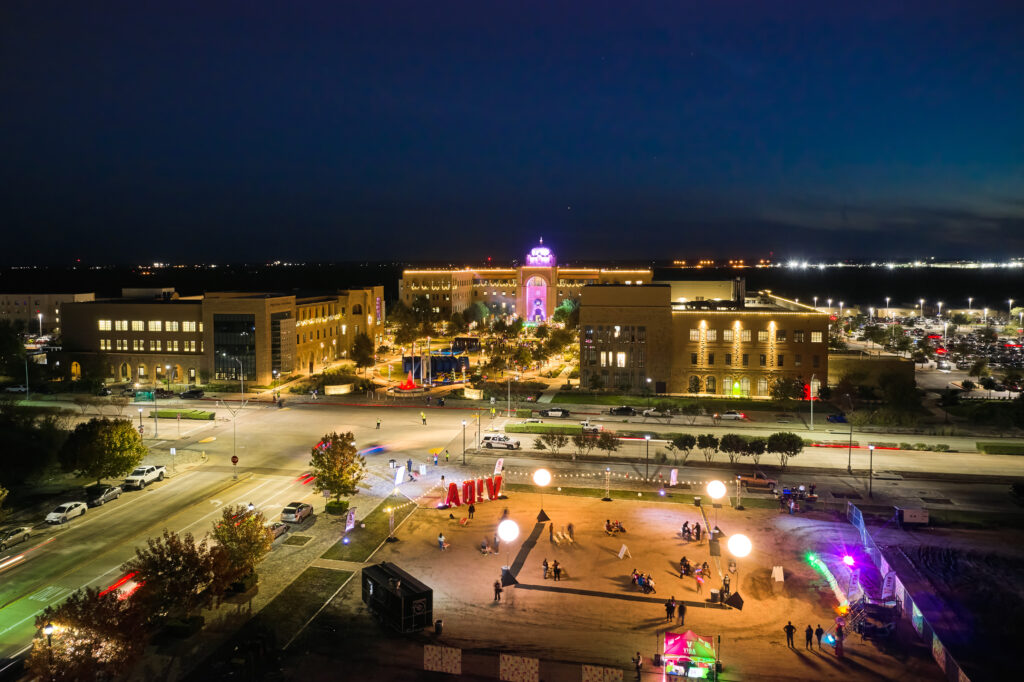 A long distance shot of the VIDA property and TAMUSA during Lights of Esperanza