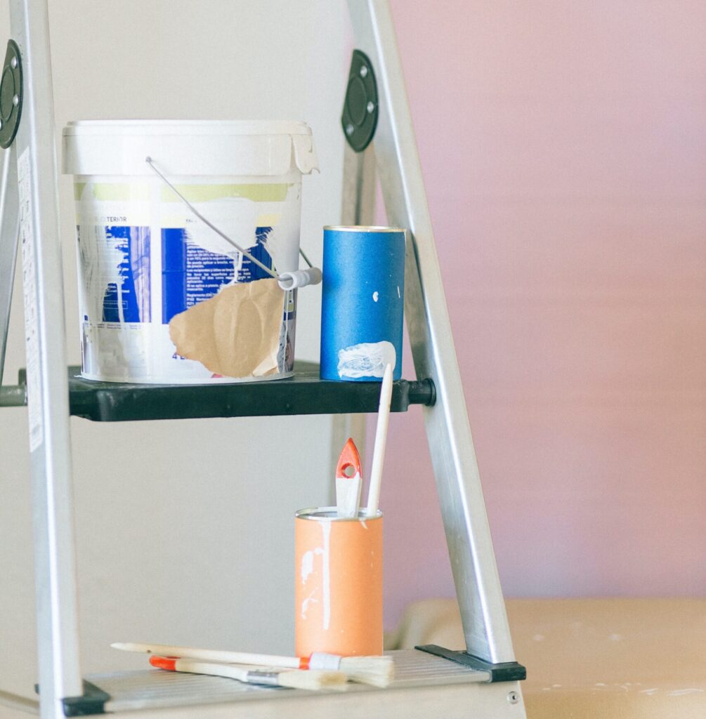 ladder with paint bucket