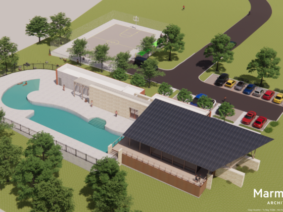 Rendering of the VIDA San Antonio Pool and Clubhouse by MarmonMonk Architecture.