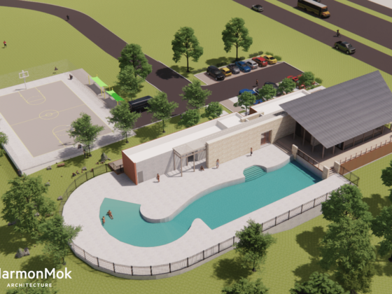 Digitally rendered design for pool and clubhouse by MarmonMok Architecture.