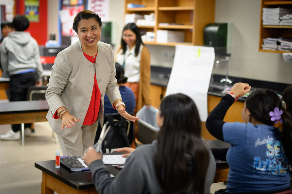 Principal Roxie Freeman interacting with students at SWISD in San Antonio