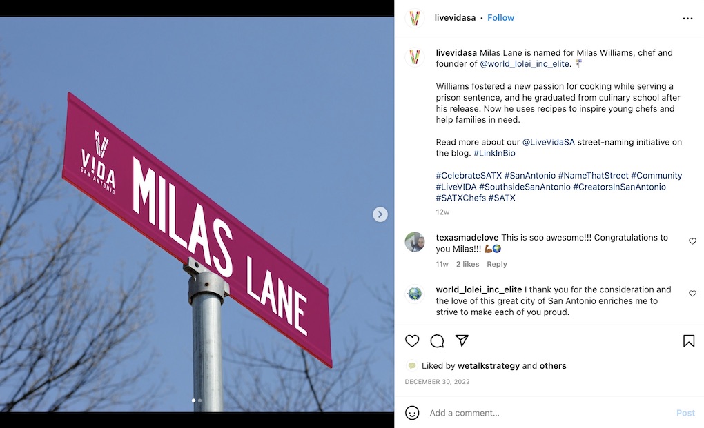 Screenshot showing the feed of the LiveVidaSA Instagram, featuring a post showing a sign with Milas Lane