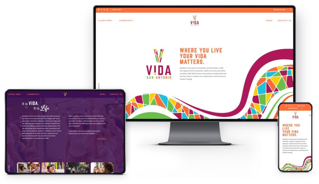 colorful mockup of the VIDA San Antonio website on mobile and desktop