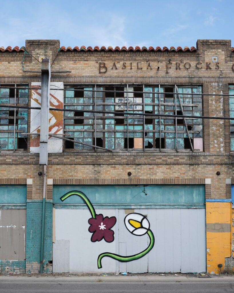 A mural of two pop-style flowers by Albert Gonzalez art on an old building.