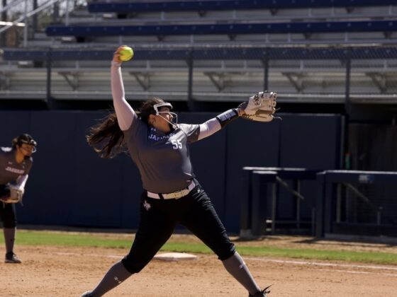 Ryanne Limon pitches a softball at the new TAMUSA track and field