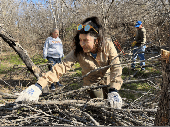 A volunteer picks up brush