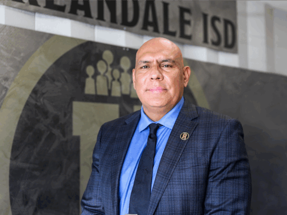 Harlandale Independent School District Superintendent, Geradro Soto poses for a portrait with Harlandale ISD in the background