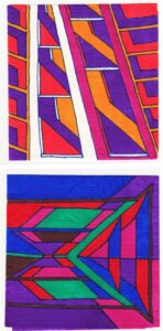 Two square-shaped, colorful, geometric art pieces stacked on top of each other