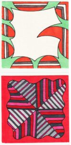 Two square-shaped, colorful, geometric art pieces stacked on top of each other