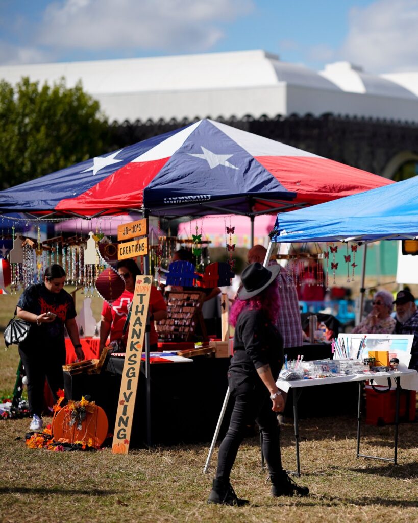 A sunny day at a holiday market at the mission marquee plaza 
