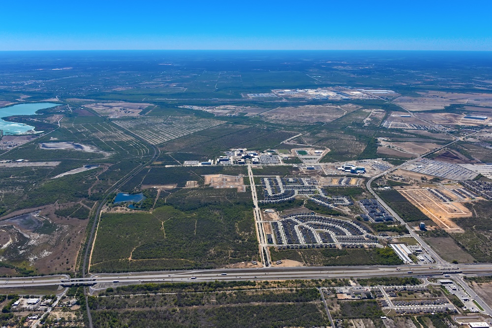 Aerial view of VIDA San Antonio including University Health, A&M-San Antonio, and Toyota Manufacturing-San Antonio