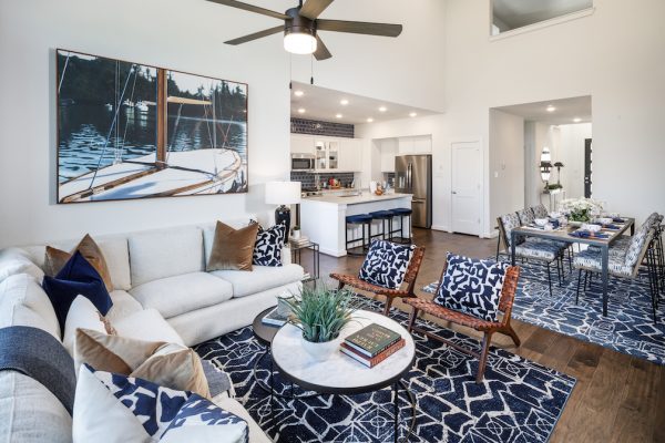 A modern living room with blue accents