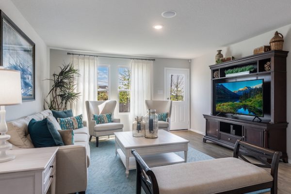 View of a Lennar Living Room with LED lighting, modern decor, a bright window, a blue rug.
